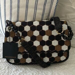 NWOT America & Beyond beaded shoulder bag in black, white, and copper honeycomb